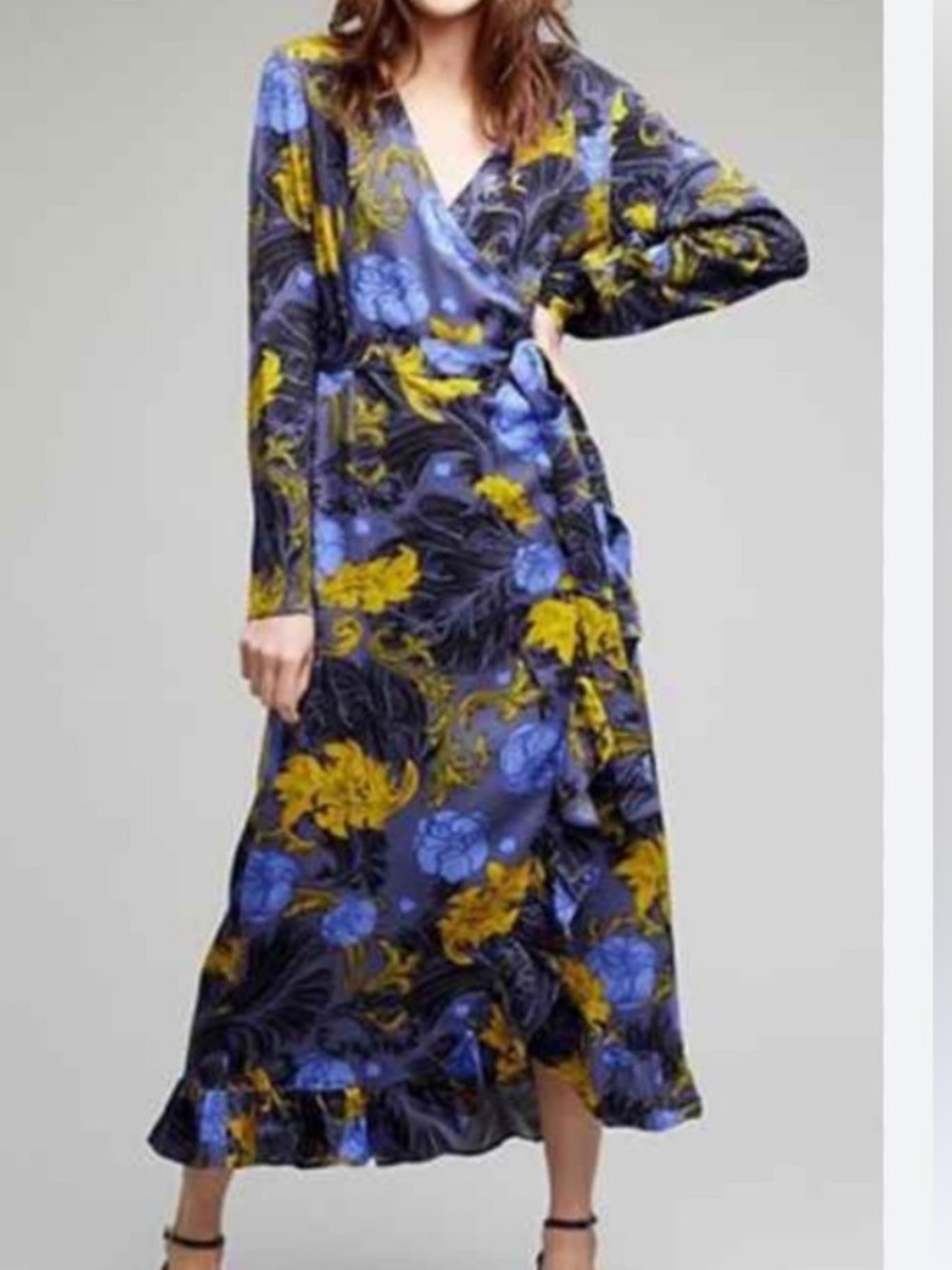 Blue and Yellow Long Sleeve Wrap Dress with V-Neck & Frilled Bottom